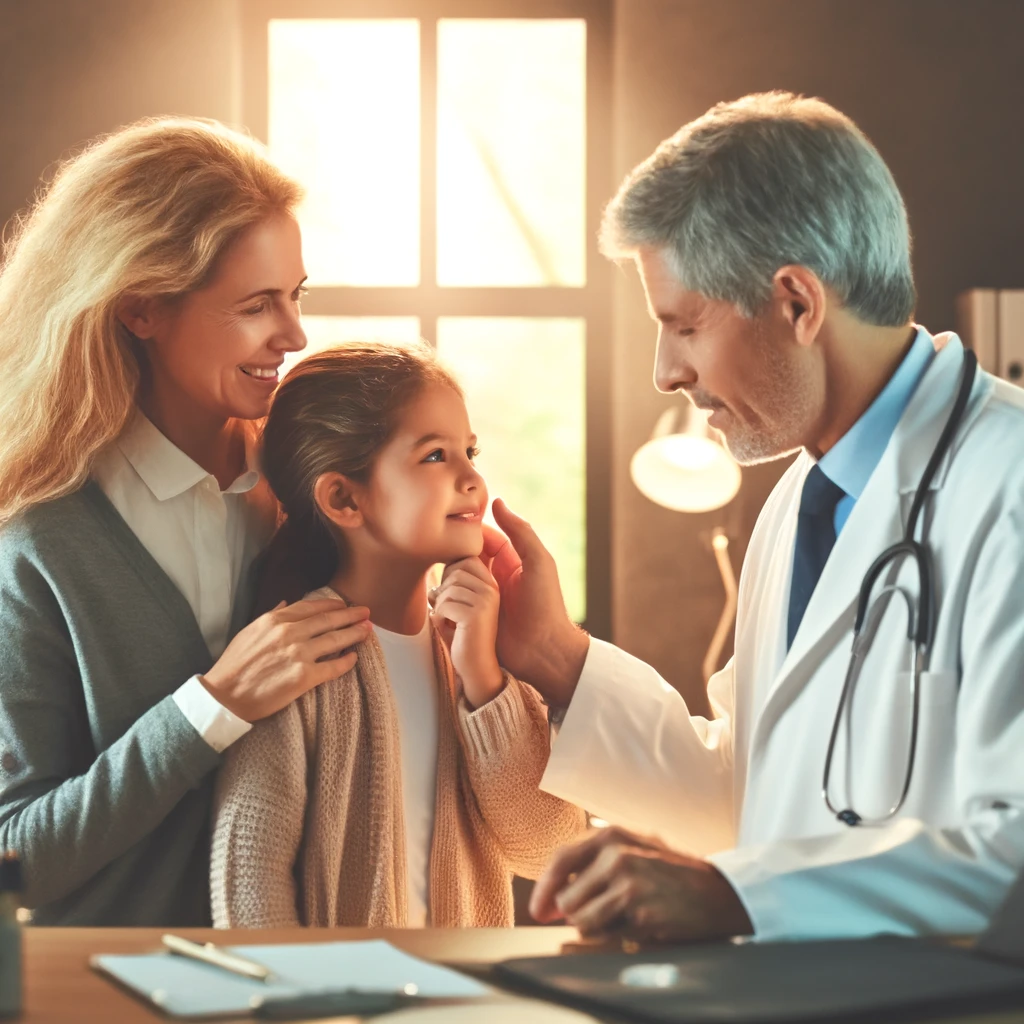 Create an image of a warm scene in a doctor's office. There is a caring female adult, presumably the mother, looking fondly at a young girl, likely her daughter, while a doctor, a mature male, is examining the child. The child appears to be in good spirits, and the doctor is in mid-consultation. The adult female has her hand gently on the child's chin, showing affection and support. The environment is comforting and modern, with medical books and equipment subtly in the background, indicating a professional setting. The lighting is soft and welcoming, enhancing the caring atmosphere.